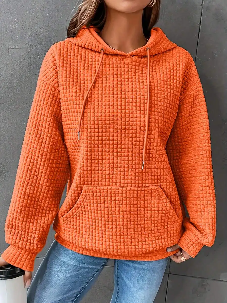 

Women's Oversized Waffle Knit Hoodie with Kangaroo Pocket, Vibrant Orange Casual Sweatshirt for Fall Winter