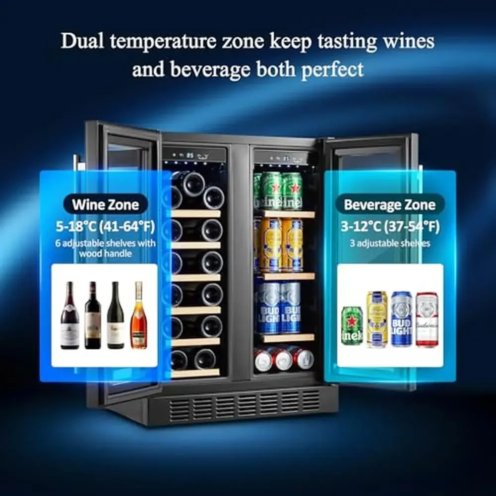 24 Inch Dual Zone Wine and Beverage Refrigerator Stainless Steel Glass Door Under Counter Cooling Kit Quiet Operation 21 Bottles