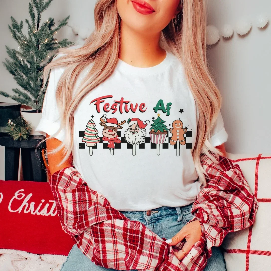 Retro Christmas Cookie Clothing O-Neck Printed Top T-Shirt Short Sleeve Fun Pattern Trendy Street Style Loose New Year T-Shirt