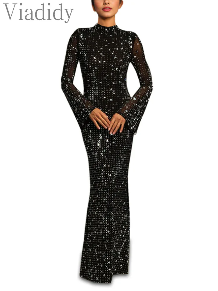

Women's Sexy Solid Color Flare Sleeve Sequin Decor Floor-length Party Dress