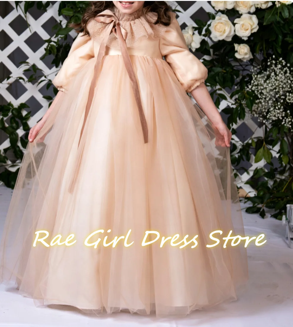 Champagne Satin Tulle Flower Girl Dress For Wedding Bridesmaid Floor Length  Flowy Mesh Skirt Kids Occasion Gowns Customized