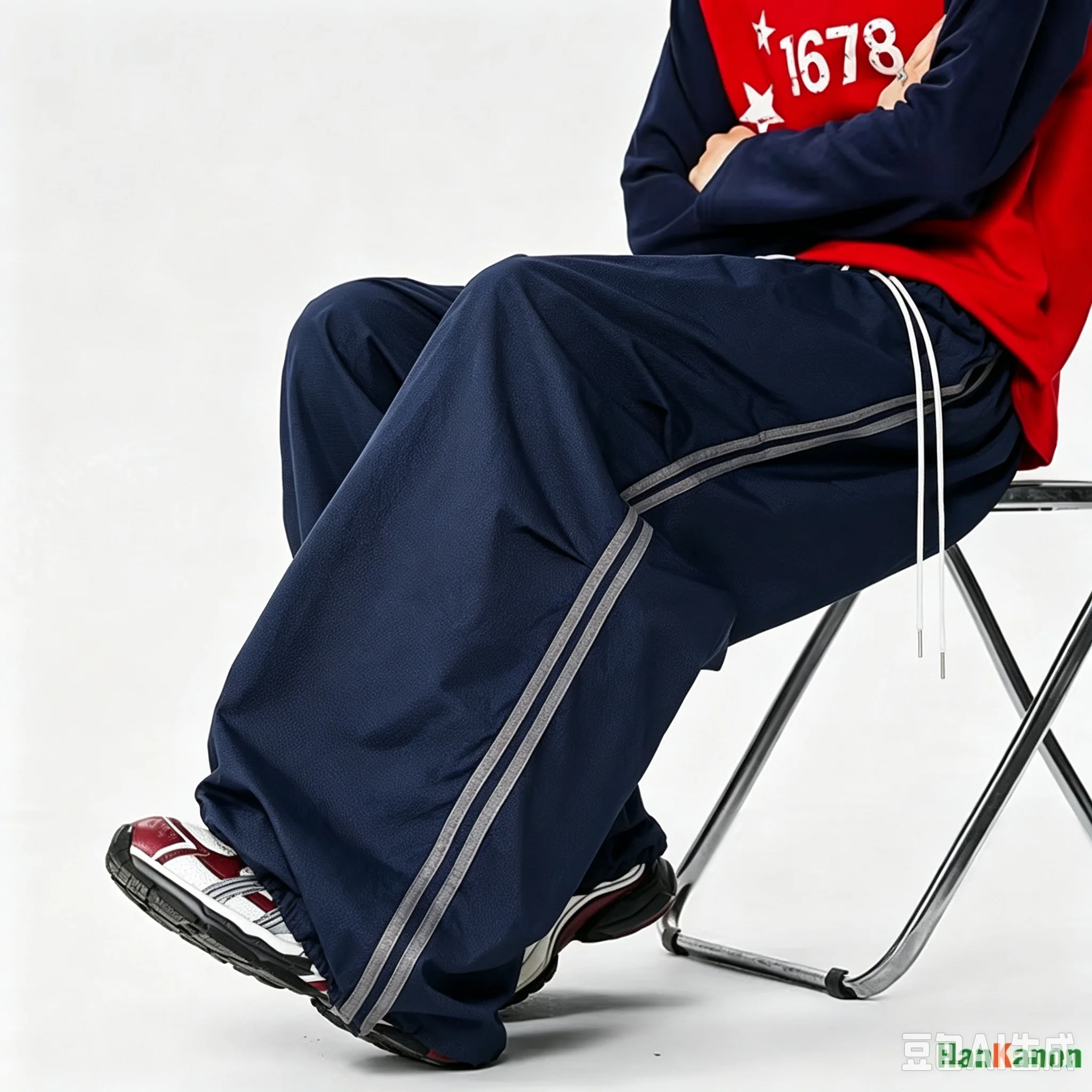 Unisex Quick Dry Straight Leg Pants, Men Women Hip Hop Streetwear Trousers Light Blue With Red Side Stripes Loose Long Pants