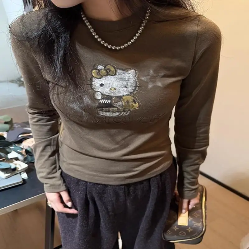 Sanriio Hello kitty Girl's Heart Cartoon KT Printed Base Long Sleeved T-shirt Autumn Winter New Style Versatile Slimming Top Set