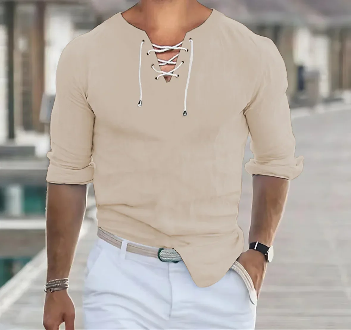 Hot Sale New Men's Solid Simple Long Sleeve Shirts Fashion Lace-up V-neck Casual Tops Plain Versatile T-shirts for Men Clothing