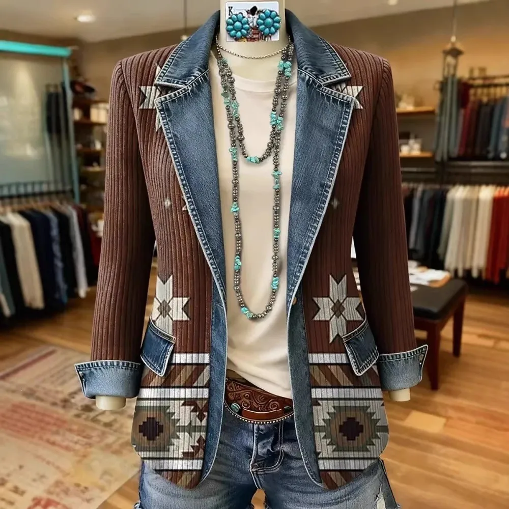 Printed Loose Fit Coat Casual with Digital Print Japanese Korean Casual Long Sleeve Regular Sleeve Notched Lapel Women Coat