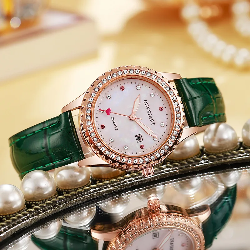 Women's Quartz Watch Korean Style Ladies Quartz Watch Elegant Heart Shaped Calendar Diamond Embellished Luminous Girl Wristwatch