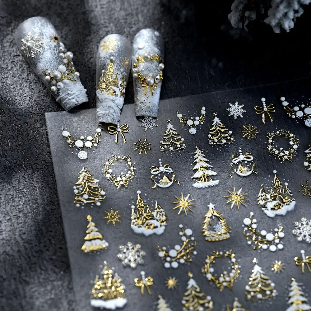 1Sheet 5D Embossed Luxury Christmas Snowflake Nail Sticker Gold Christmas Tree Snowflake Slider Decals Winter Holiday Nail Decor