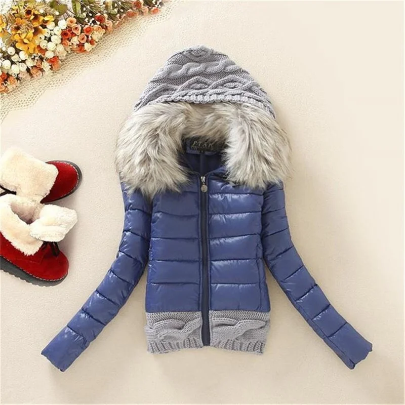 Frauen Winter gestrickt Patchwork Kapuze Langarm Mantel alternative Verdickung Daunen jacke mit Pelz kragen Qualität Jacken