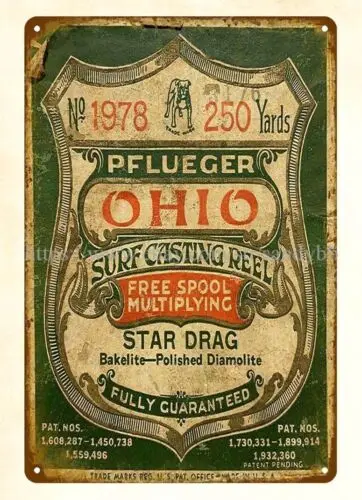 PFLUEGER OHIO Surf Casting Fishing Reel STAR DRAG, Letrero Metálico de Metal para Decoración de Interiores