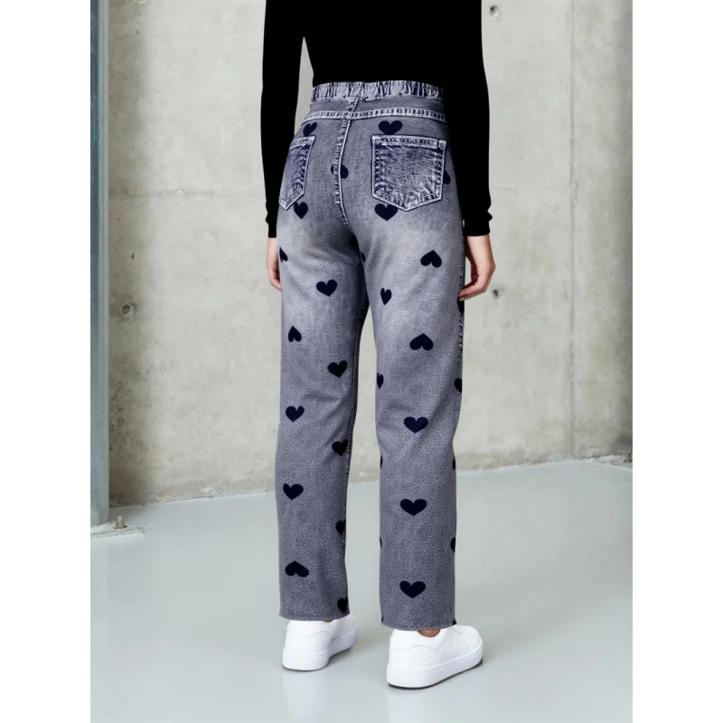 2025Girls' Heart-shaped Distressed Faux Jeans Vintage Gray Loose Straight Pants Trendy Imitation Jeans