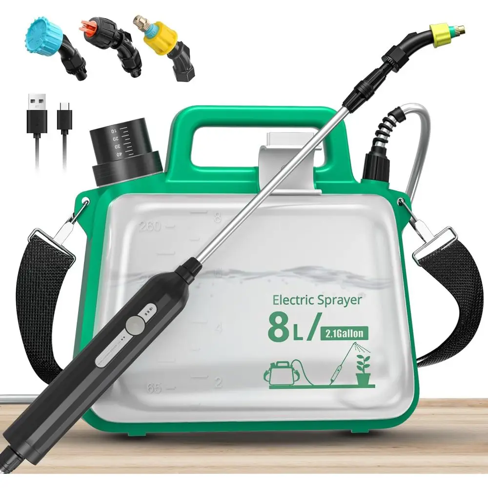 

Аккумуляторный садовый опрыскиватель 2 галлона, электрический распылитель с USB-зарядкой, 3 насадки для распыления, выдвижная штанга
