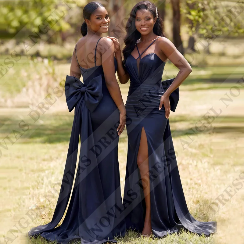 Customized Long Mermaid Navy Blue Bridesmaid Dresses with Bow Wedding Party Dresses vestido madrinhas casamento