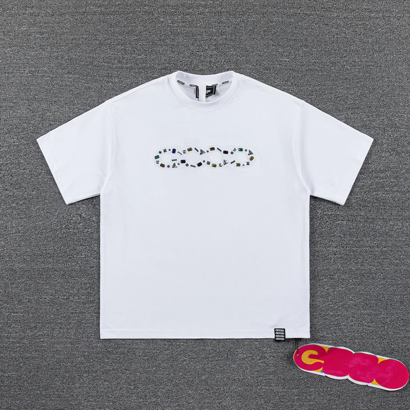 High Street Trend Brand Diamond Studded GOODBRAND Short Sleeved High Quality Cotton Summer Top Men Women