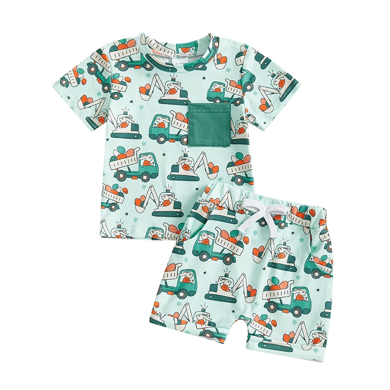 Toddler Baby Boys Easter Outfits Bunny Pattern Crew Neck Short Sleeve T-Shirt with Shorts 2 Pcs Set Perfect for Summer