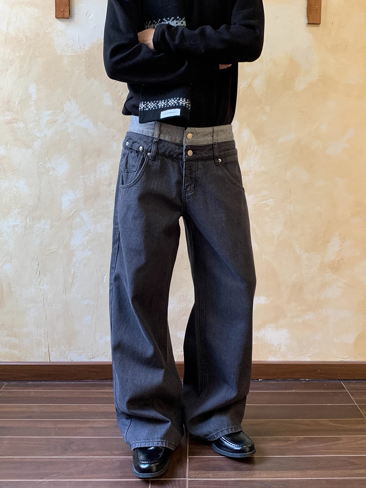 

Американские ретро лоскутные джинсы с двойной талией для мужчин и женщин Cleanfit High Street с широкими штанинами для пар, повседневные брюки, модные