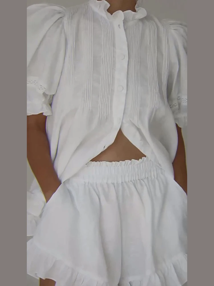 

Летний пляжный комплект для женщин: элегантный топ с рюшами и шорты, женский костюм с однобортной застежкой