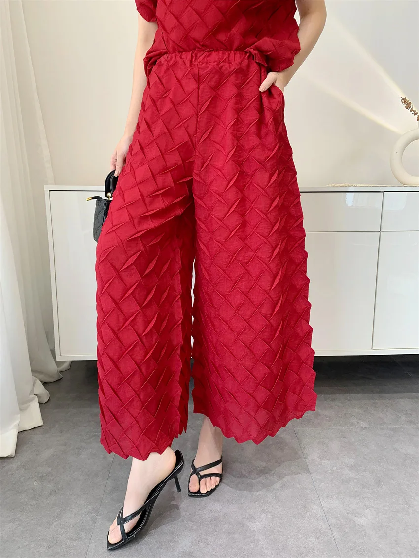 Miyake Pleated Women's Casual Solid Color Loose Large Size Elastic Waist Wide Leg Pants