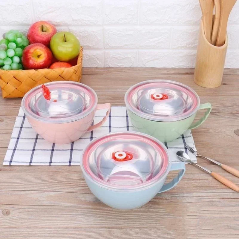 1 Pcs Stainless Steel Bowl With Handle Solid Color Anti Scalding Instant Noodles Mixing Bowl Kitchen Tableware Food Accessory