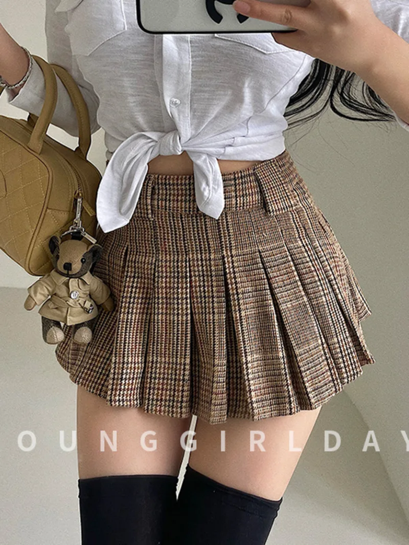 French Retro School Sweet Girl Costume Belt Casual Checkered Pleated Skirt Short Fashion Skirt Korean Style Trendy Clothes S5CV