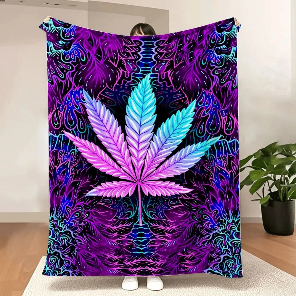 

Психоделическое неоновое одеяло с узором в виде листьев — яркие листья с градиентом от розового к синему и белыми прожилками, которые вихрево витают и танцуют на фоне калейдоскопического узорчатого рисунка.