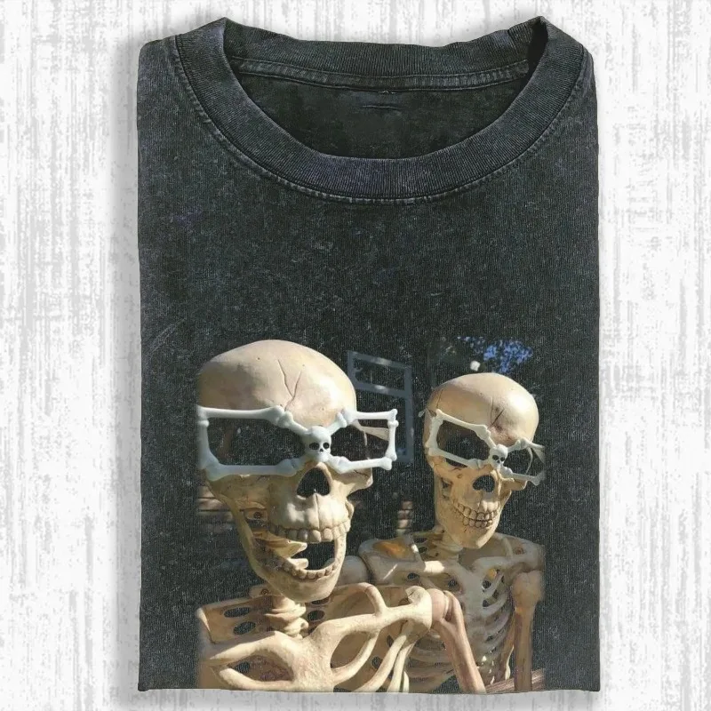 Fun Skeleton Emoji Pack Best Friend Retro Decadent Style Photo Pattern Washed T-shirt for Men's Summer New Casual Unisex T-shirt