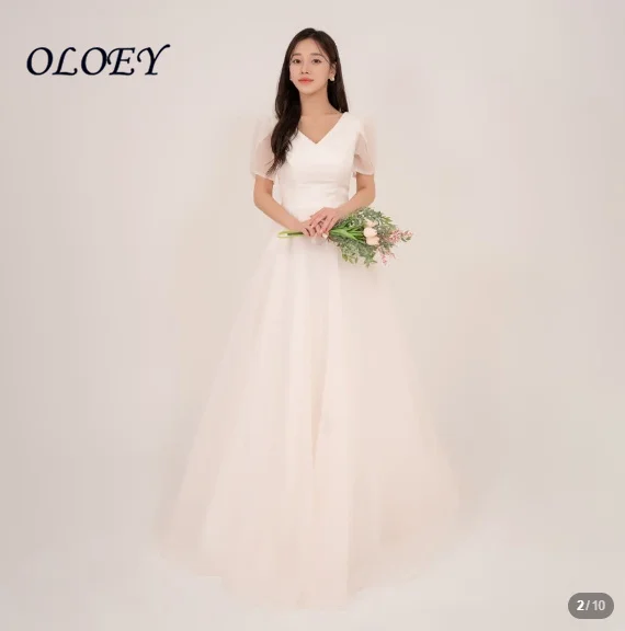 OLOEY 2027 Customized Elegant Korea Ivory Organza Wedding Dresses 웨딩드레스 V-Neck Floor Length Customized Pretty Bride Gowns