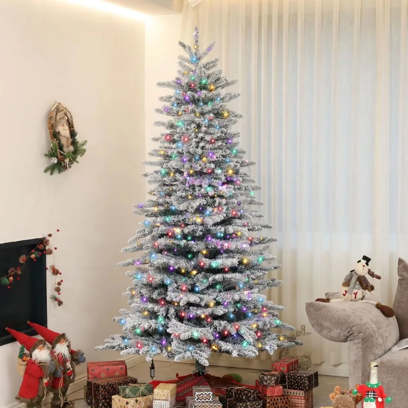 7.5 feet Pre-lit Christmas Tree Snow Flocking Artificial 500 Light Emitting Diode Light and 1264 Branch Tip Green
