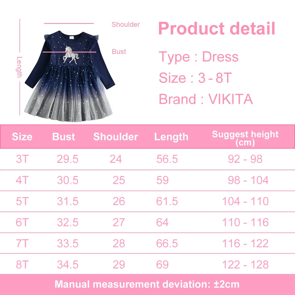 VIKITA Unicorn Kids Dresses For Girls Flying Sleeve Cotton Princess Girls Dress Winter Children Birthday Party Girls Clothing