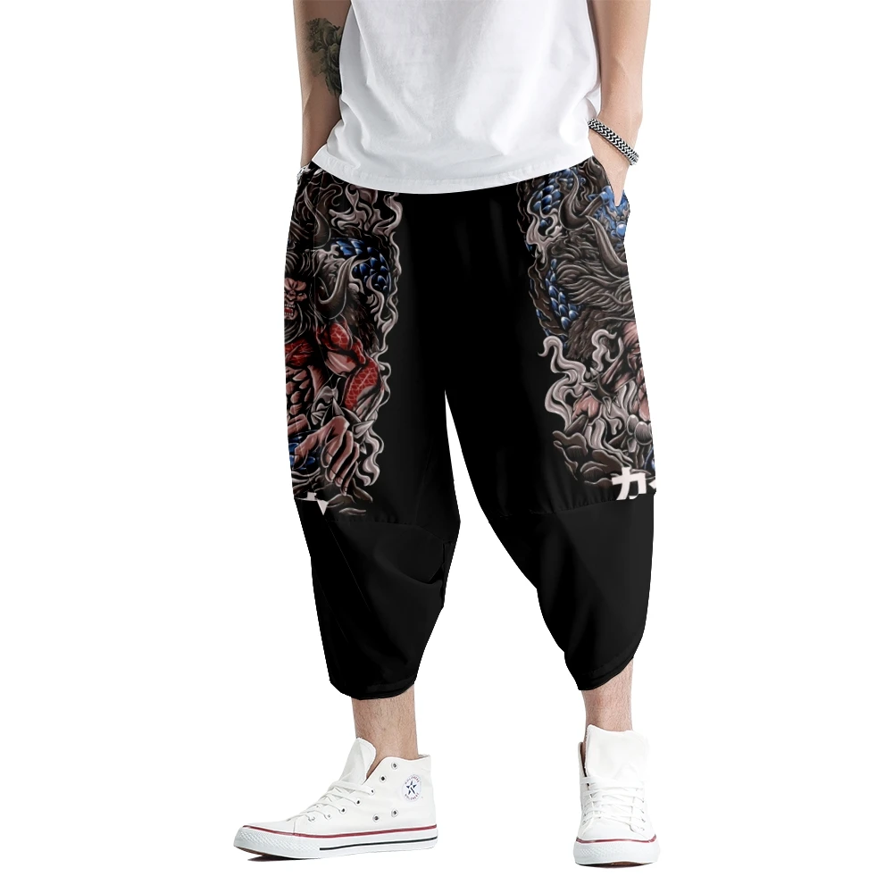 

Men Loose Black Print Harem Pants Summer Breathable Pants Casual Elastic Waist Fitness Pants