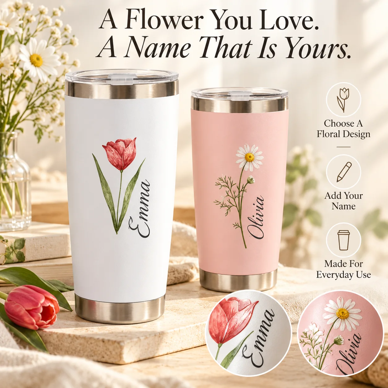Personalized Floral Tumbler 20oz Custom Name Insulated Stainless Steel Travel Coffee Cup For Her Birthday Gift Personalized Gift