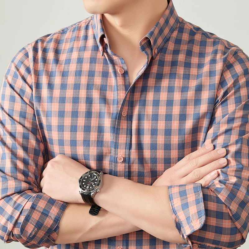 

Good Quality 30% Lyocell Men Clothes 2026 Spring Trendy Plaid Business Shirt Long Sleeve 70% Cotton Breathable Stripes Tops