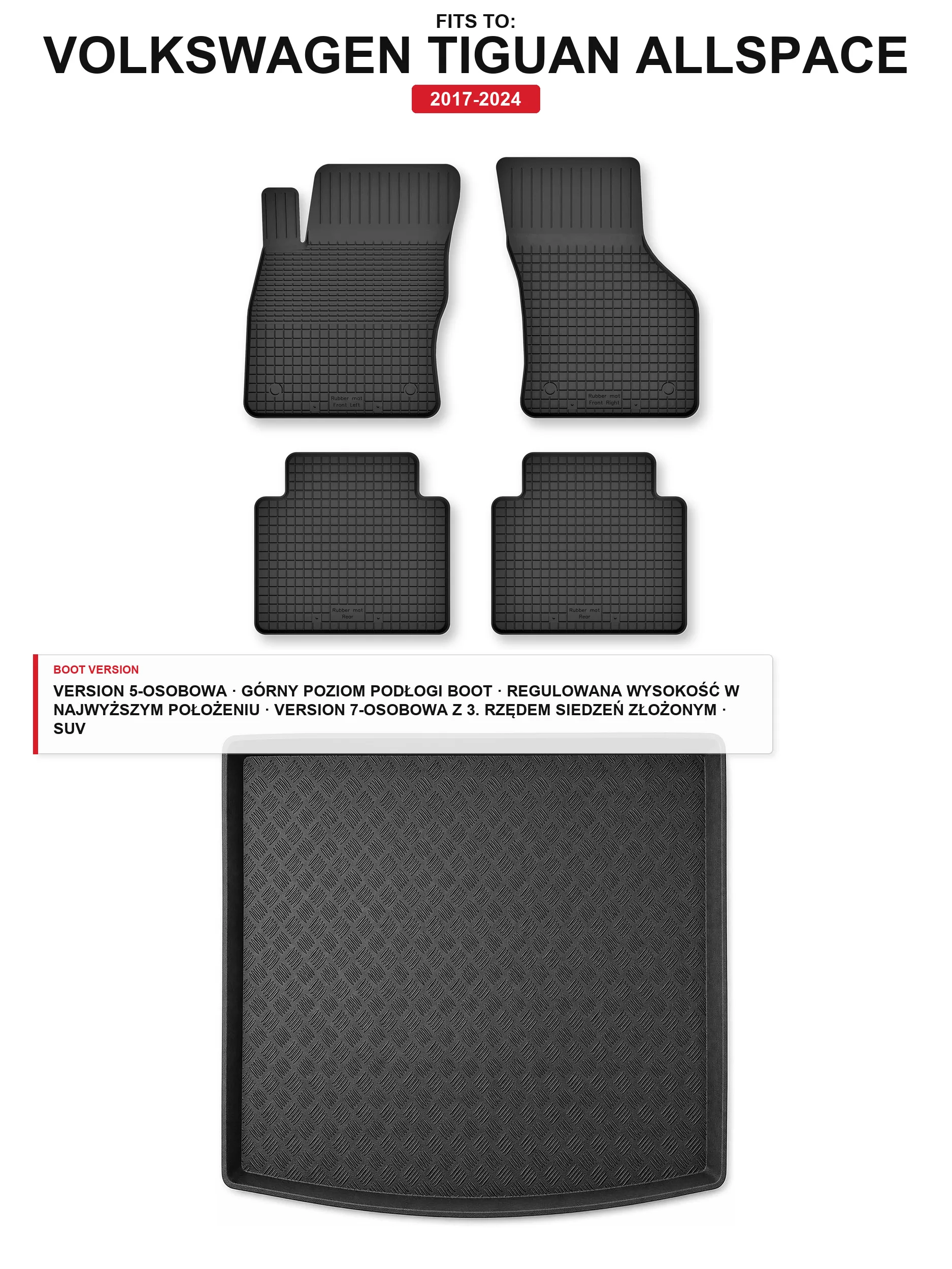 Rubbermatten + kofferbakmat voor: Volkswagen Tiguan Allspace 2017-2024