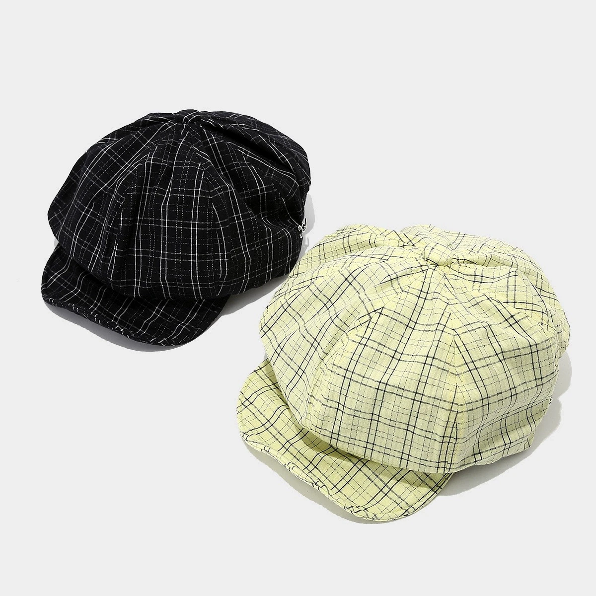 New Korean Plaid Soft Beret Hat Women's Lterary Cotton Newsboy Octagonal Hat