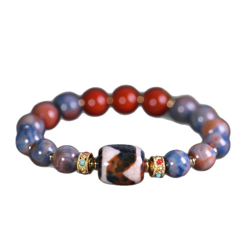 Natural Tibetan Genuine Old Mine Raw Stone Agate Tiger Tooth Dzi Bead Gemstone Bracelet, approximately 14x16mm