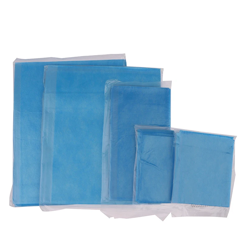 10/20/50 ورقة وسادة طبية يمكن التخلص منها قائمة الستائر الجراحية الزرقاء منشفة غير المنسوجة العقيمة مقاوم للماء السفر حصيرة بشكل فردي