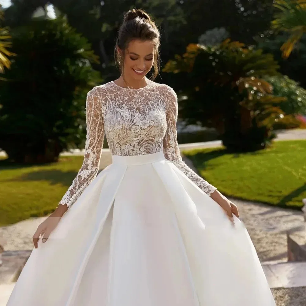 

Customized Women 2025 O-neck Wedding Dresses White Floor Length Lace Long Sleeve Satin A Line Bridal Gowns Vestido
