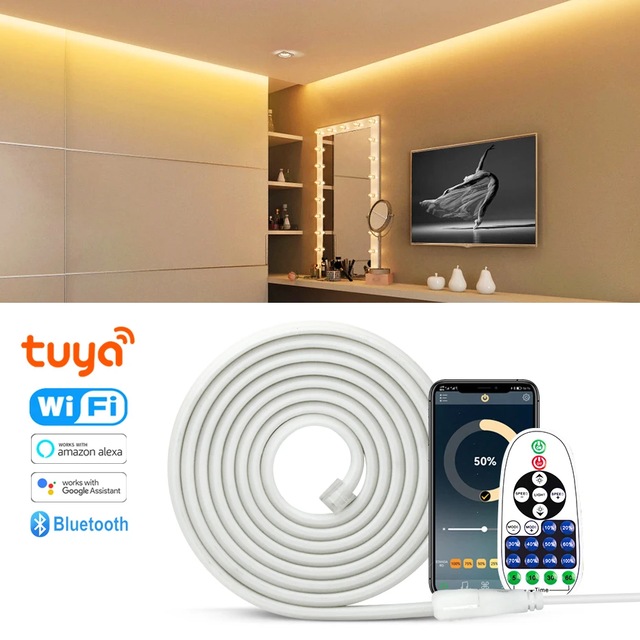 Tuya WiFi 220V Smart Led COB Light Strip 15m 20m 50m Waterproof Cob Led Tape Bluetooth Remote Flexible Led Light Home Outdoor