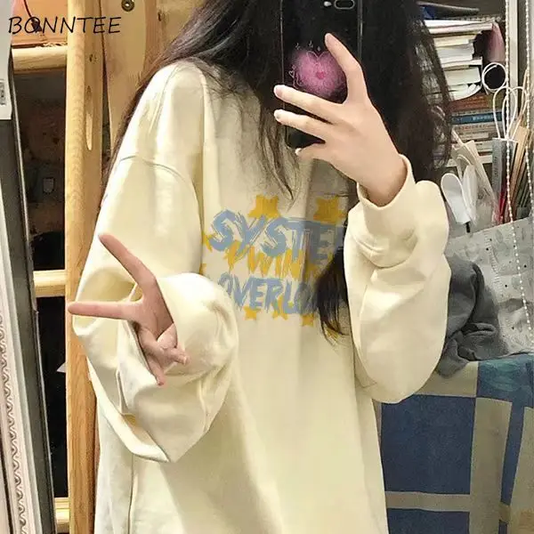 

No Hat Hoodies Women O-neck Letter Print Long-sleeve Loose All-match Korean-style Streetwear Plus Velvet Thicker Chic Fashion