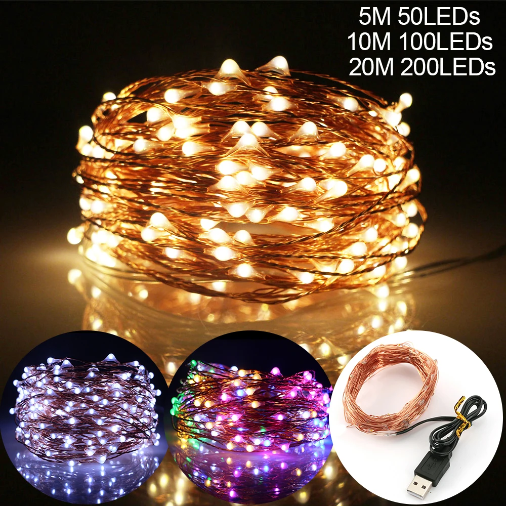 

5/10/20M Christmas USB LED Fairy Lights Waterproof Copper Wire String Garland Light Party for Outdoor Indoor Wedding Decoration