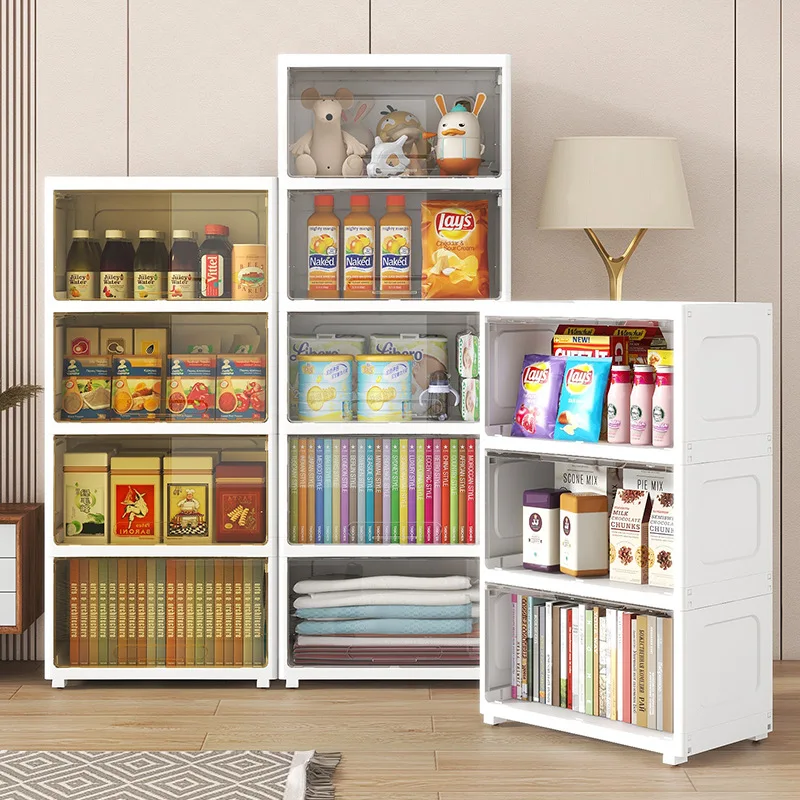 Multi-Layer Clothes Wardrobe Transparent Flip Snack Storage Cabinet Pulley Design for Easy Mobility  Versatile Storage Unit