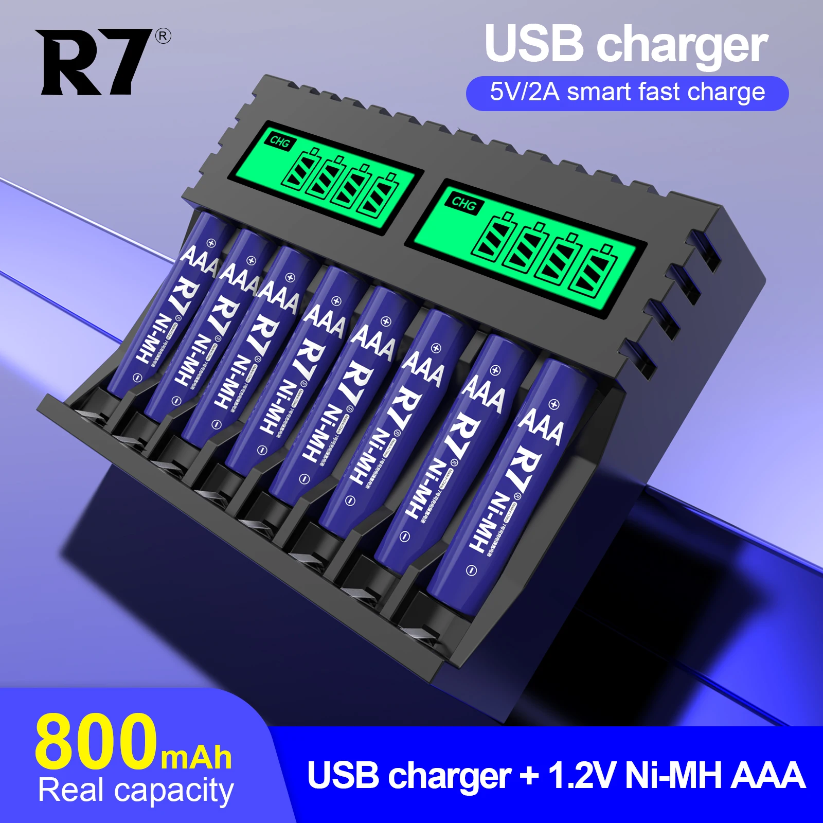 

R7 8pcs 1.2V AAA 800mAh rechargeable NI-MH battery aaa for mouse toys + 8-slot 1.2V AA/AAA Battery Charger