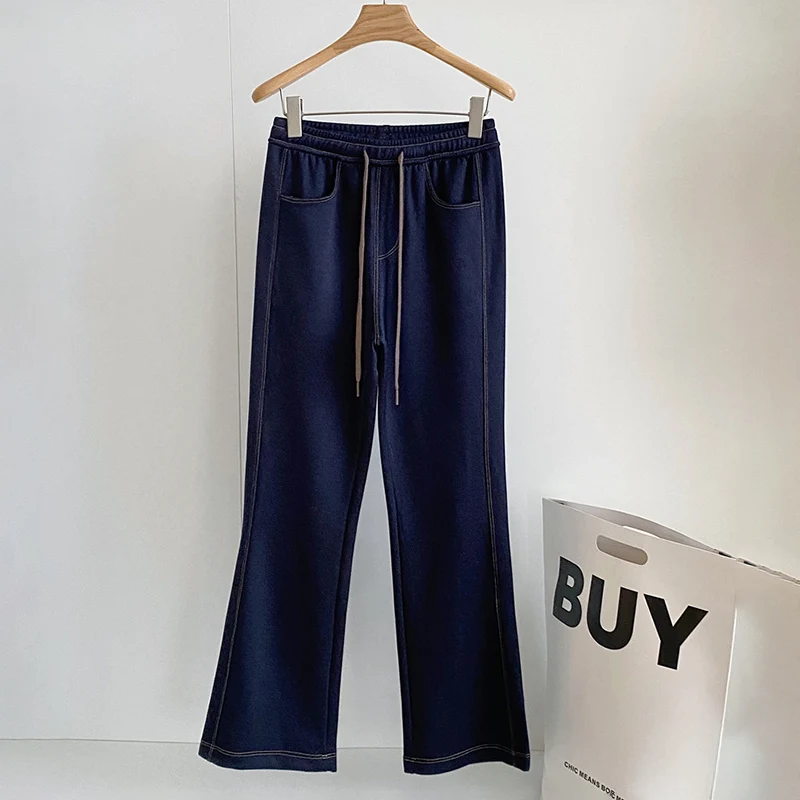 Women Blue Flared Jeans Autumn Temperament High Waist Drawstring Denim Pants Woman Y2K Korean Versatile Micro Flared Trousers