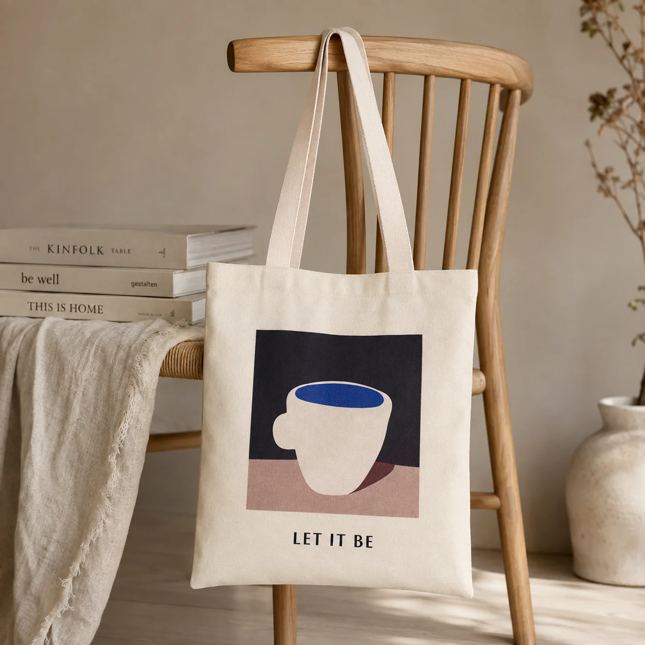 Minimalist Coffee Cup LET IT BE Quote Canvas Tote Bag Aesthetic Abstract Art Shoulder Bag Casual Reusable Shopping Handbag