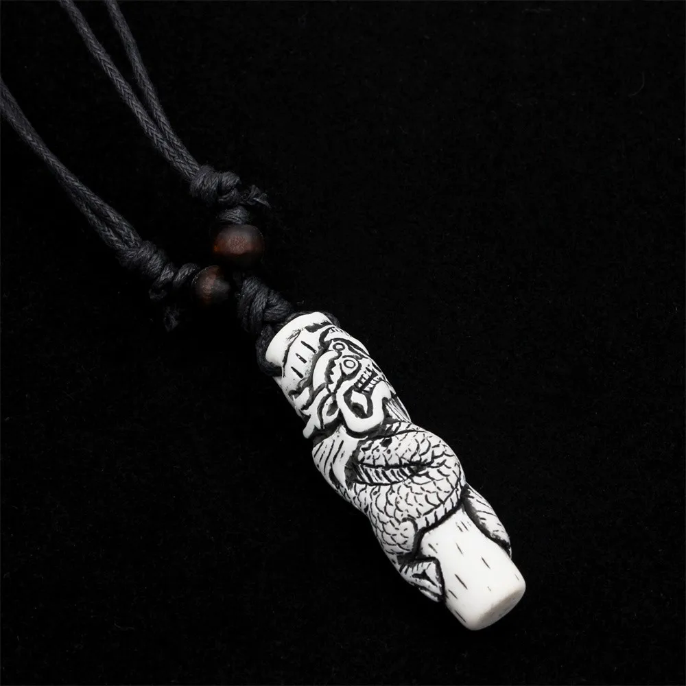 Cool Dragon Necklace Imitation Yak Bone Carved Chinese Dragon Totem Charms Pendant Necklace Amulet Gift Jewelry