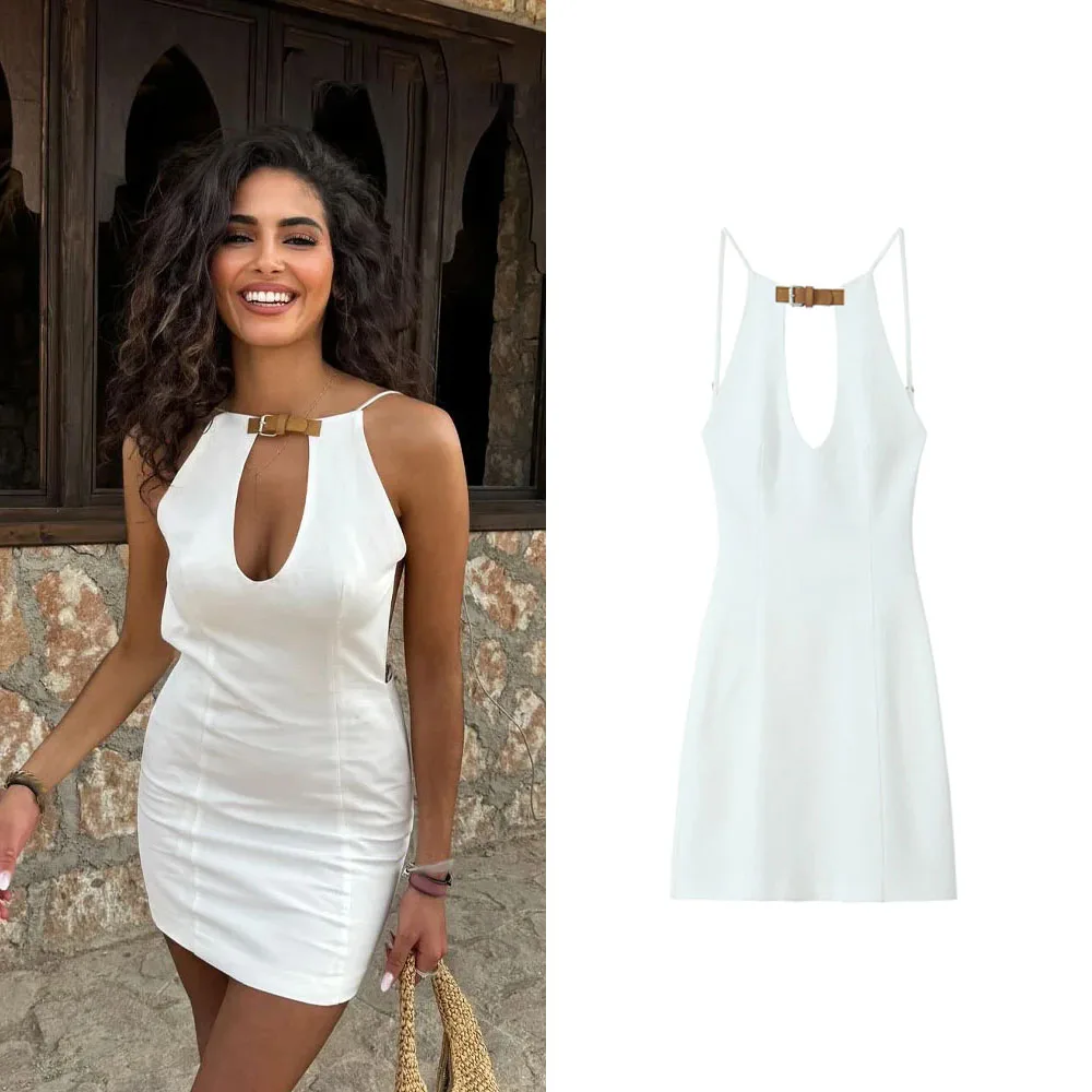 Woman New Fashion Summer Sexy Dress White Sleeveless Backless Belt Decorate Hollow Out Zipper Female Streetwear Mini Dress