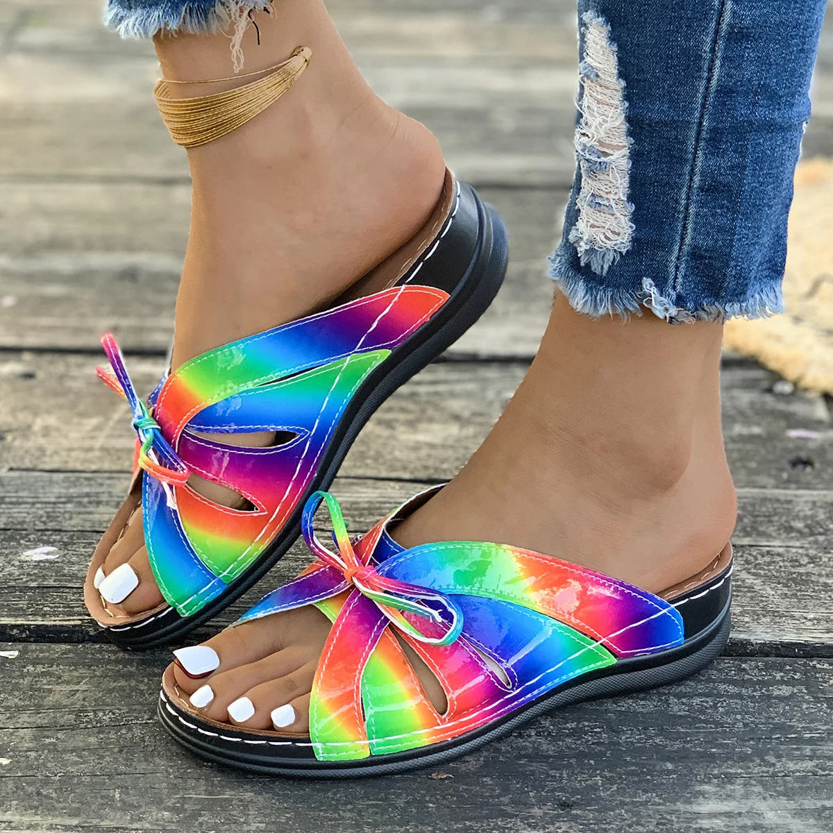 

New Orthopedic Wedge Sandals Women's Slip on Platform Slides Shoes 42 43 Woman Trendy Rainbow Colorful Backless Roman Sandals