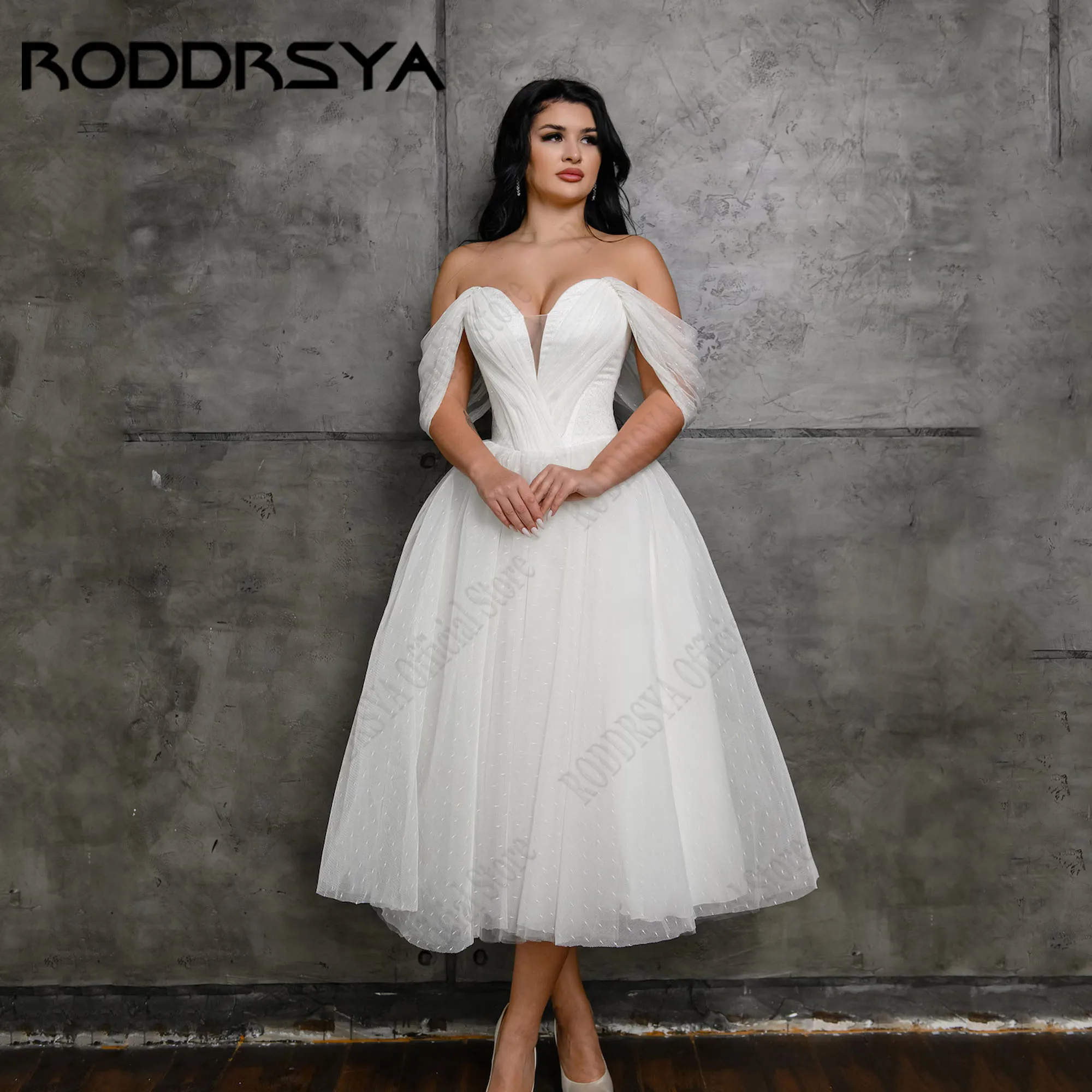 

RODDRSYA V-Neck Tulle Wedding Dress 2024 A-Line Off Shoulder Backless Bridal Gown Lace Up Tea-Length свадебное платье Custom