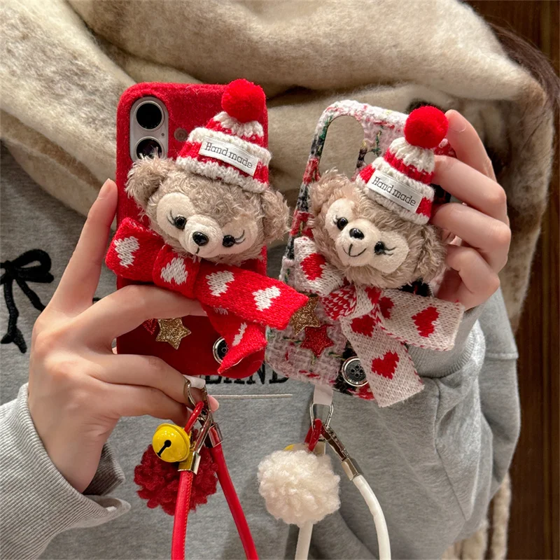 

Kawaii Cartoon Plush Bear Phone Case For iPhone 17 Pro 16 Pro 13 14 15 Pro Max Back Cover with Hand Strap Cute Protective Cases