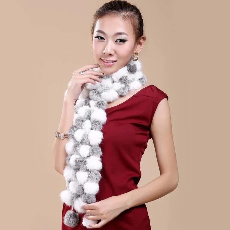 Natuurlijke konijnenbontkragen uitlaat pompom ballen sjaal 2025 winter warm echt konijnenbont sjaal voor vrouwen 100% echt bont sjaals