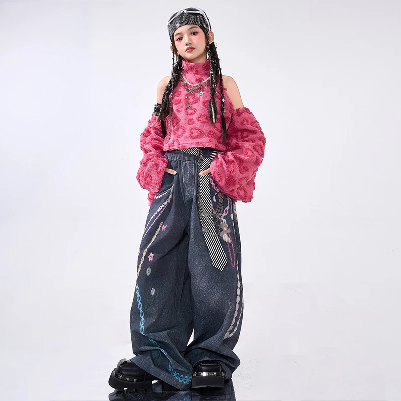 Abiti da ballo jazz per bambini Kpop Outfit Ragazze Spettacolo teatrale Costume da spettacolo Rosa Crop Top Pantaloni in denim Abbigliamento da ballo di strada AMY2676